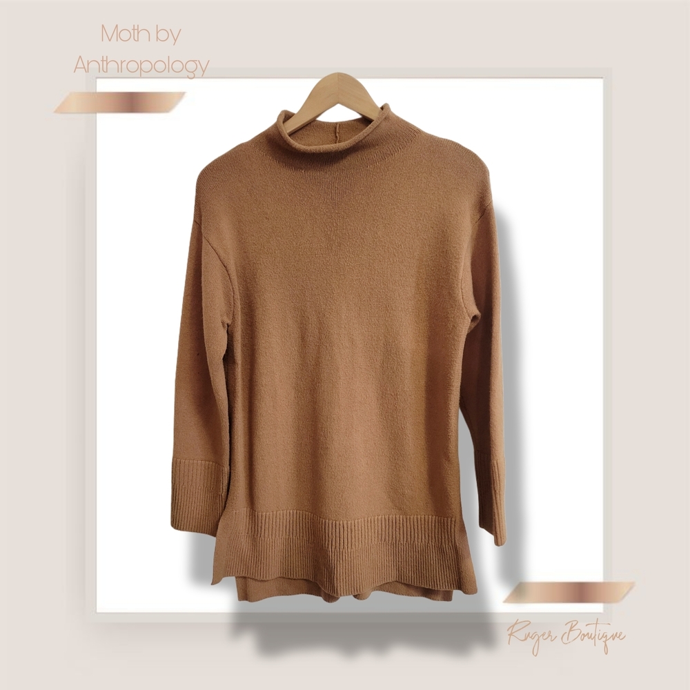 🌿Moth by Anthropologie Tan Oversized Mock Neck Sweater XS Boho Chic - Picture 3 of 12